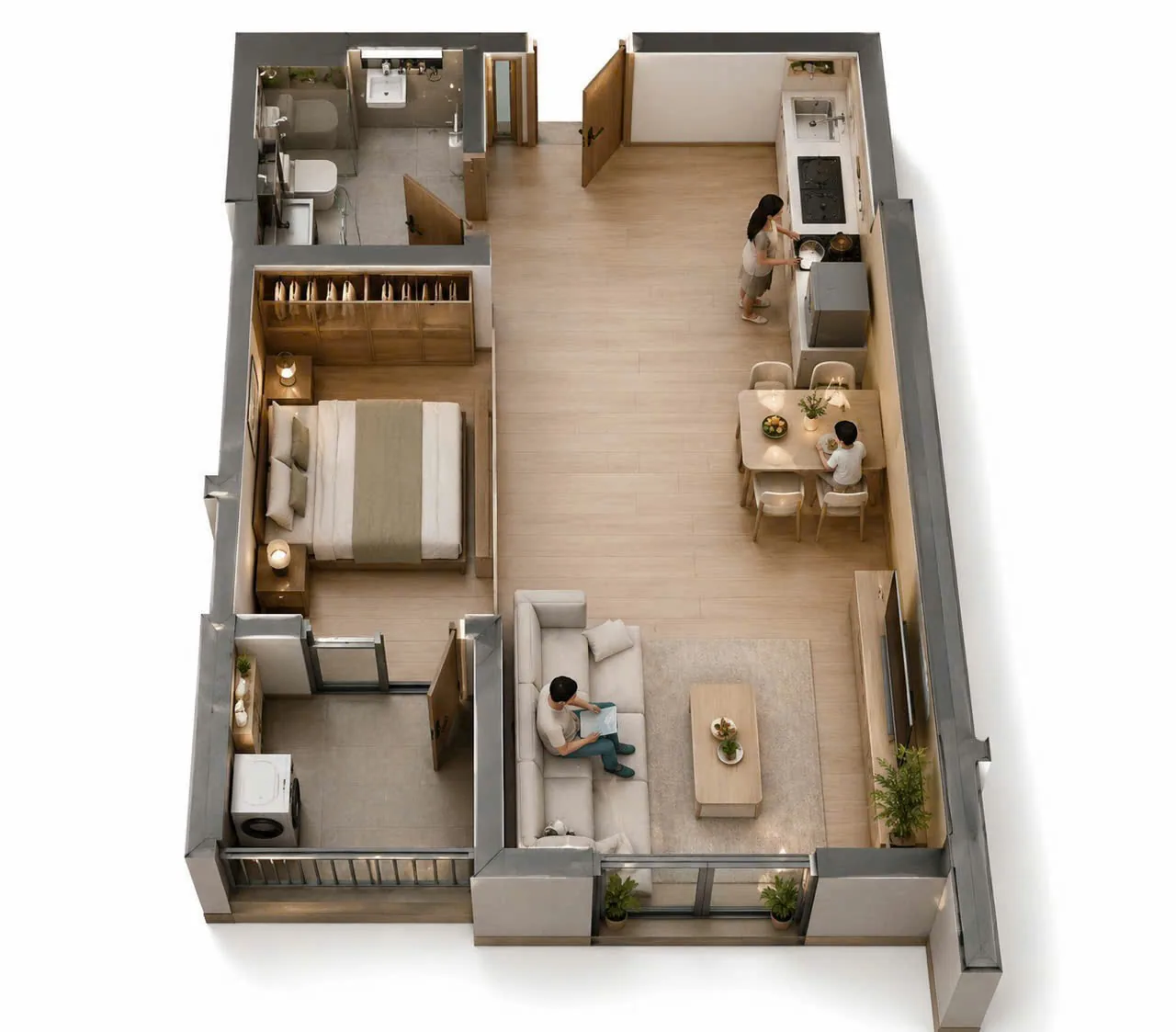 Mặt bằng 3D Căn Hộ Studio / 1PN