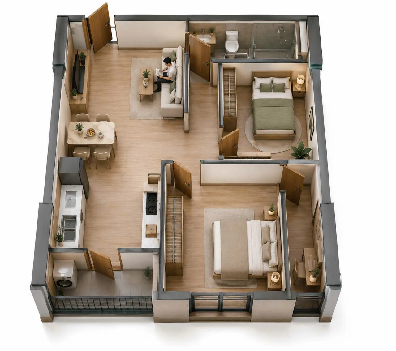 Mặt bằng 3D Căn Hộ 2 Phòng Ngủ