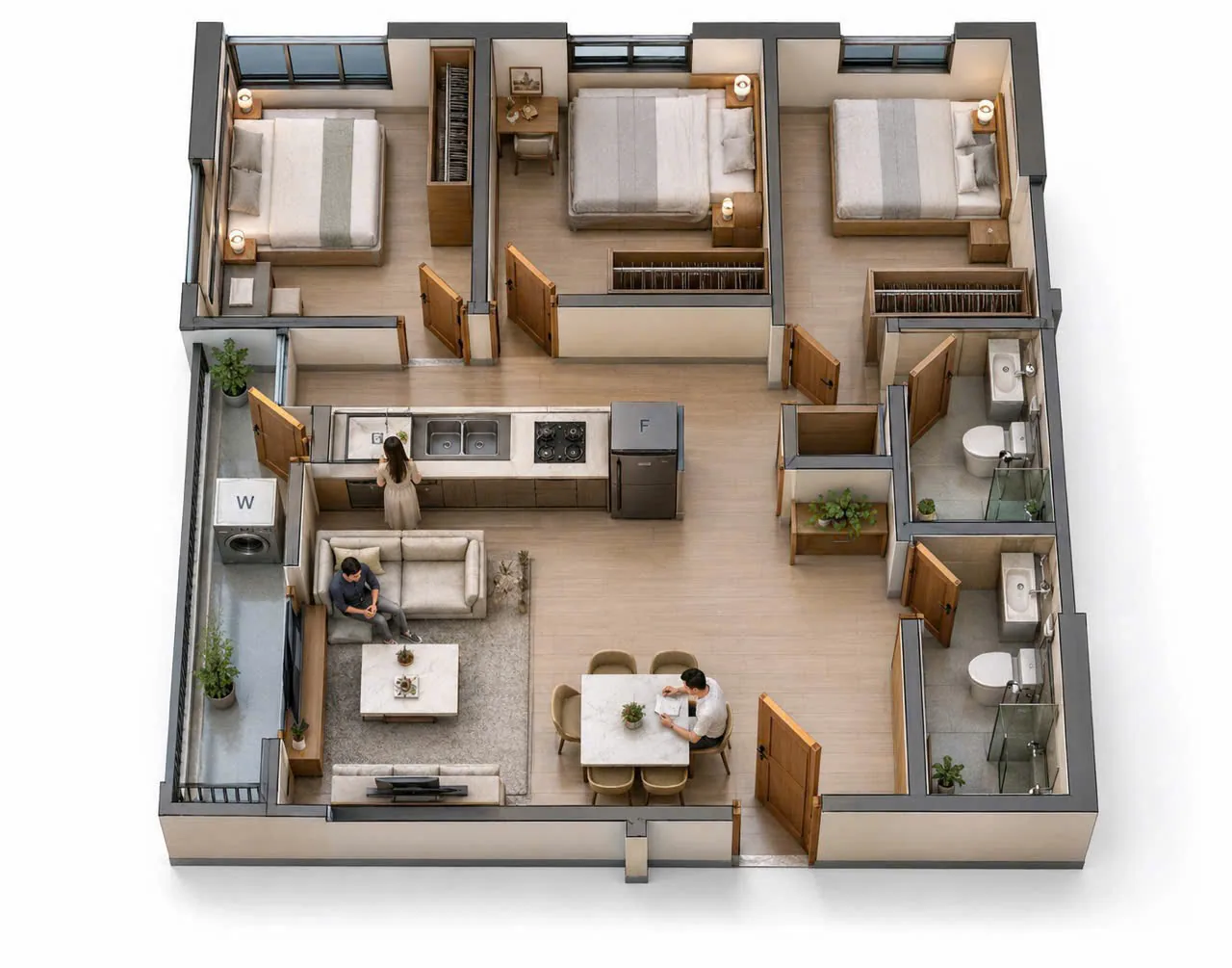 Mặt bằng 3D Căn Hộ 3 Phòng Ngủ Panorama