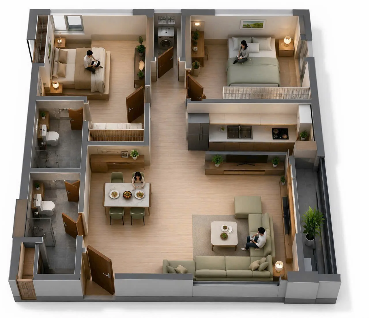 Mặt bằng 3D Căn Hộ 2 Phòng Ngủ Góc